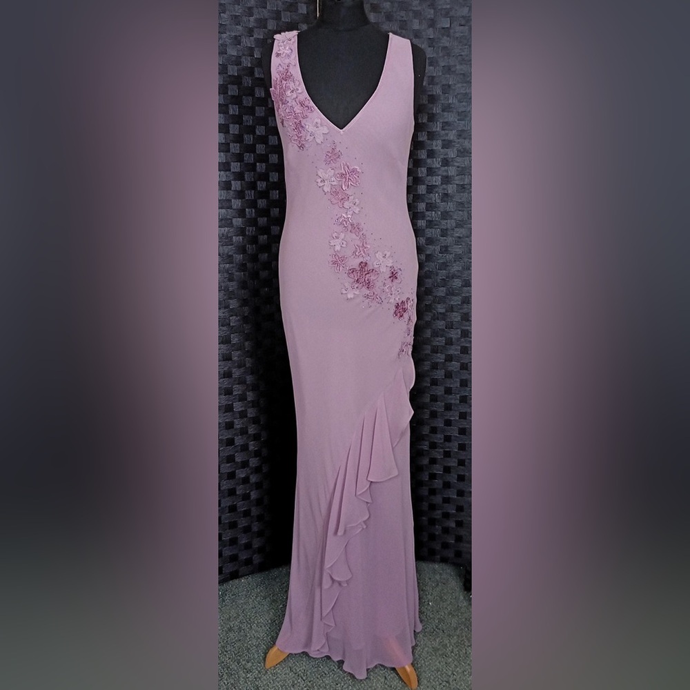 Vntg Art Deco Pink Evening Gown W/Beading/Floral Applique. From the 90s SZ-8/10